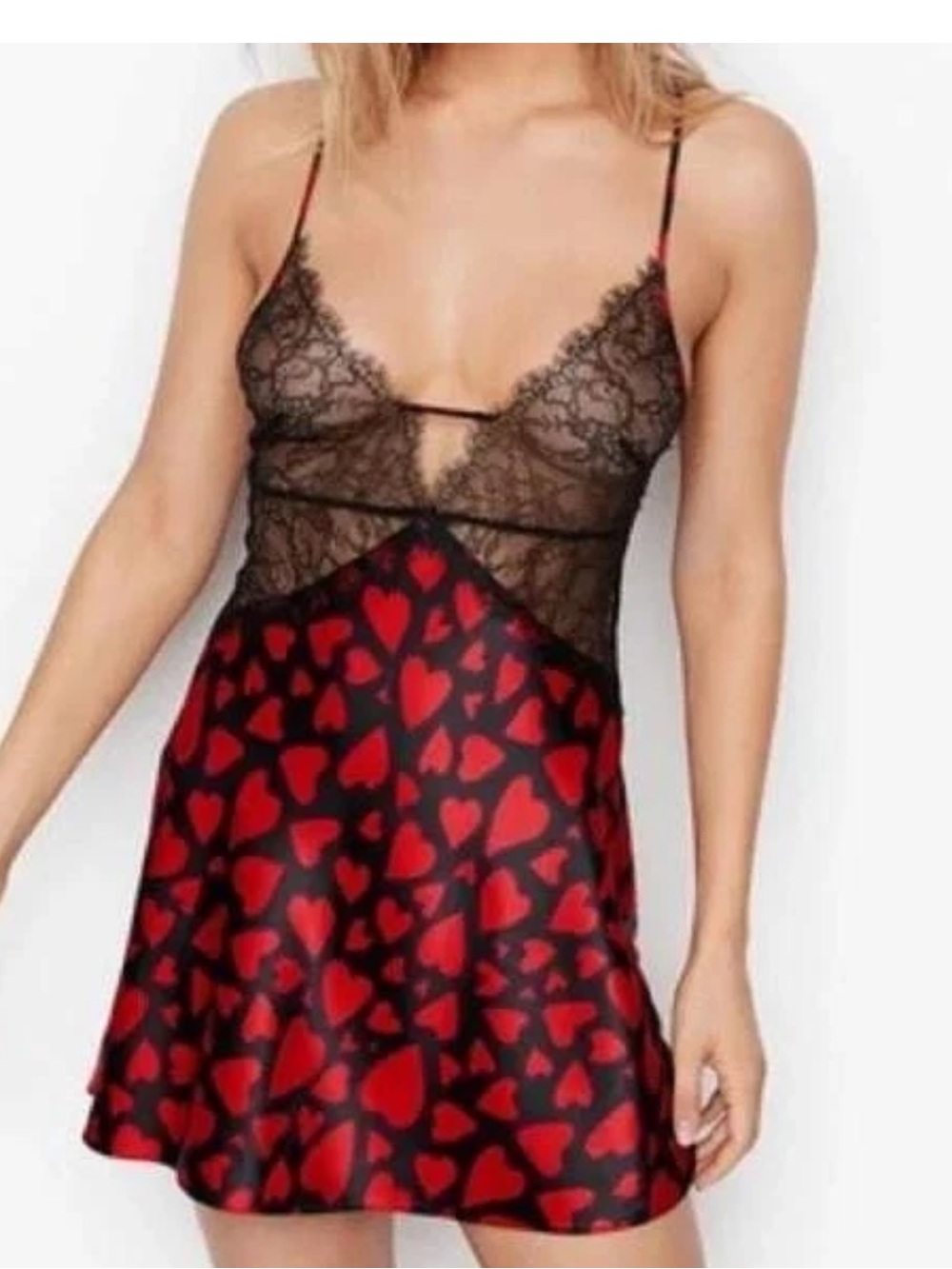 Victoria's Secret Red and Black Heart-Print Lace Chemise